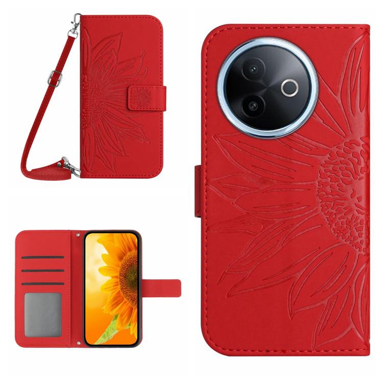 

For vivo Y39 5G Global Skin Feel Sun Flower Embossed Flip Leather Phone Case with Lanyard(Red)