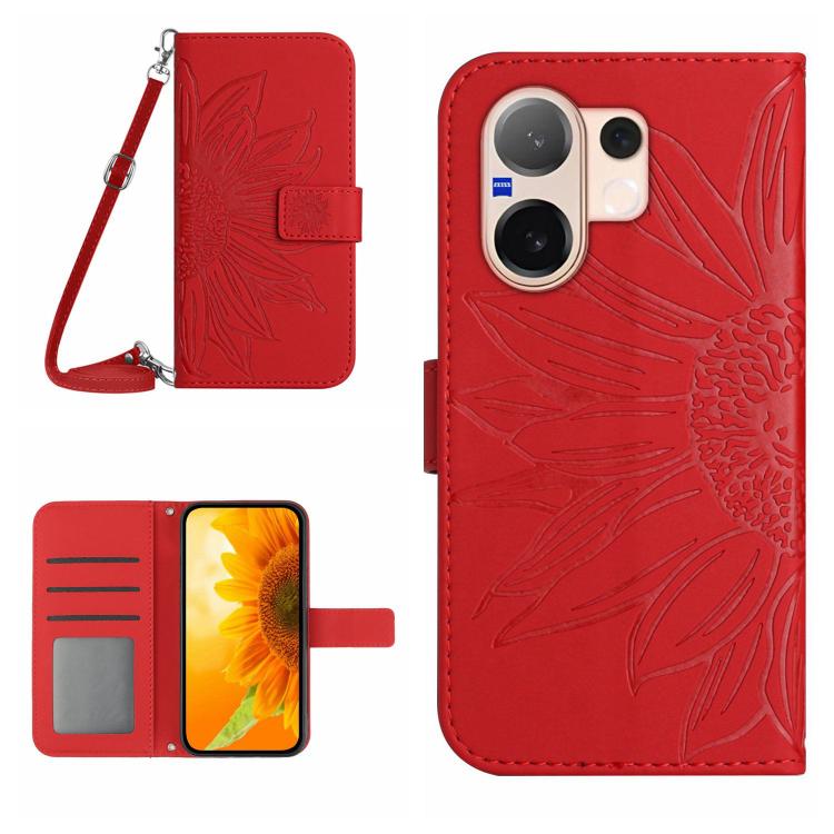 

For vivo V60 5G Skin Feel Sun Flower Embossed Flip Leather Phone Case with Lanyard(Red)