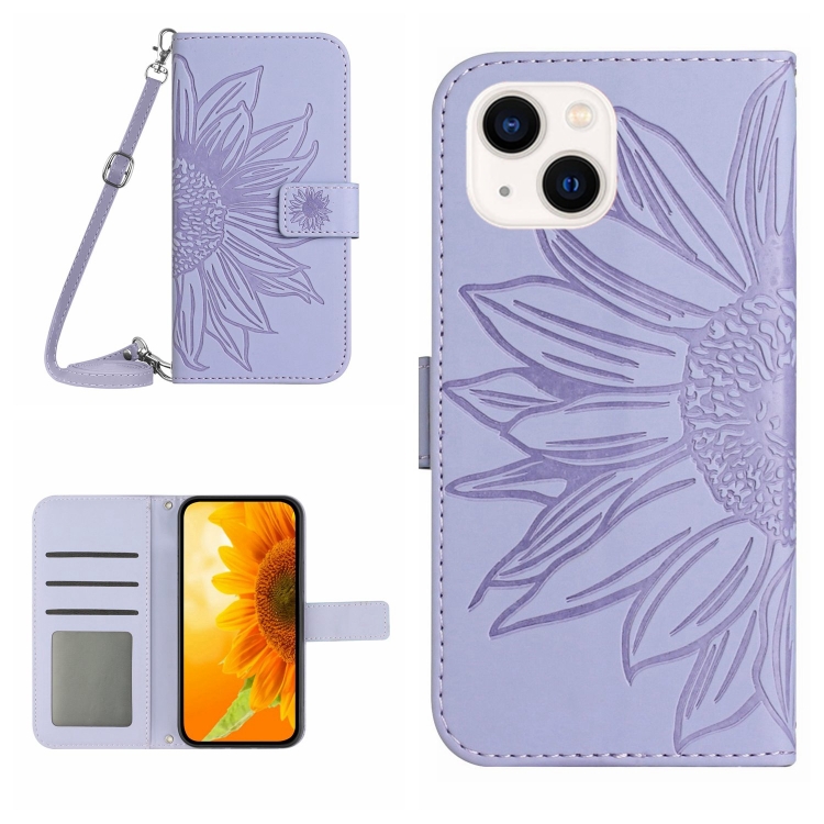 

For iPhone 15 Skin Feel Sun Flower Embossed Flip Leather Phone Case with Lanyard(Purple)