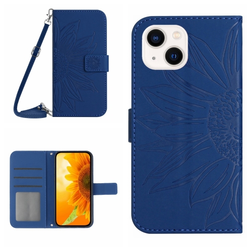 

For iPhone 15 Skin Feel Sun Flower Embossed Flip Leather Phone Case with Lanyard(Dark Blue)