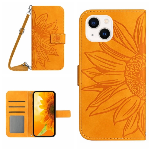 

For iPhone 15 Skin Feel Sun Flower Embossed Flip Leather Phone Case with Lanyard(Yellow)