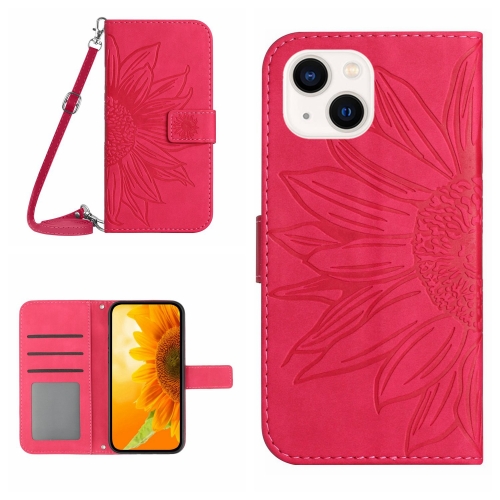 

For iPhone 15 Skin Feel Sun Flower Embossed Flip Leather Phone Case with Lanyard(Rose Red)