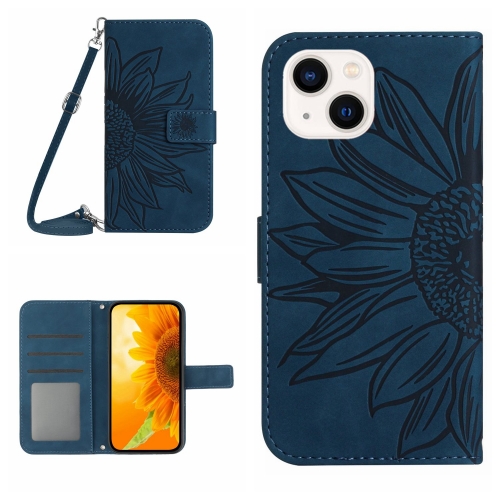 

For iPhone 15 Skin Feel Sun Flower Embossed Flip Leather Phone Case with Lanyard(Inky Blue)