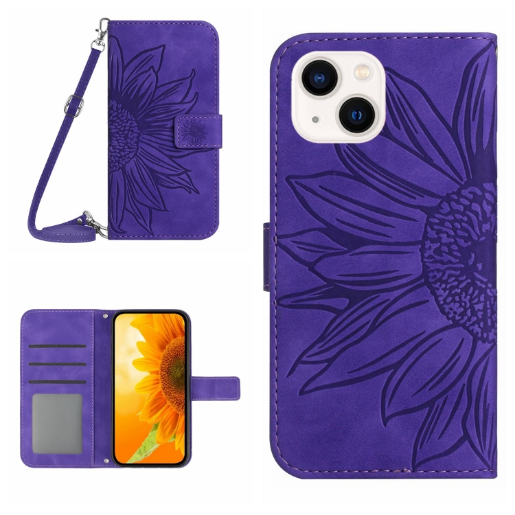 

For iPhone 15 Skin Feel Sun Flower Embossed Flip Leather Phone Case with Lanyard(Dark Purple)