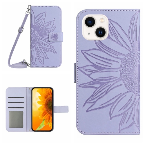 

For iPhone 15 Plus Skin Feel Sun Flower Embossed Flip Leather Phone Case with Lanyard(Purple)