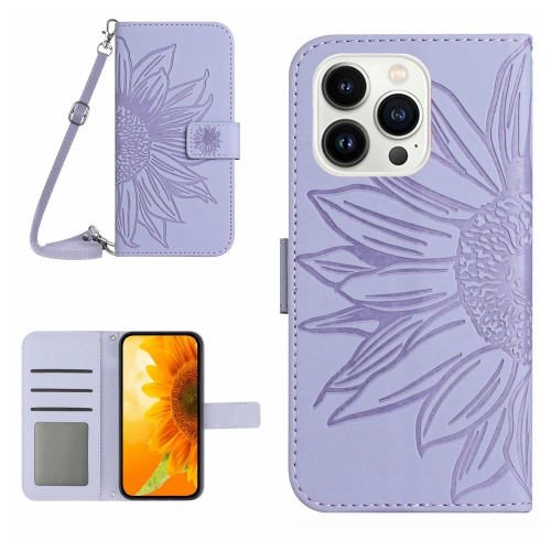 

For iPhone 15 Pro Skin Feel Sun Flower Embossed Flip Leather Phone Case with Lanyard(Purple)