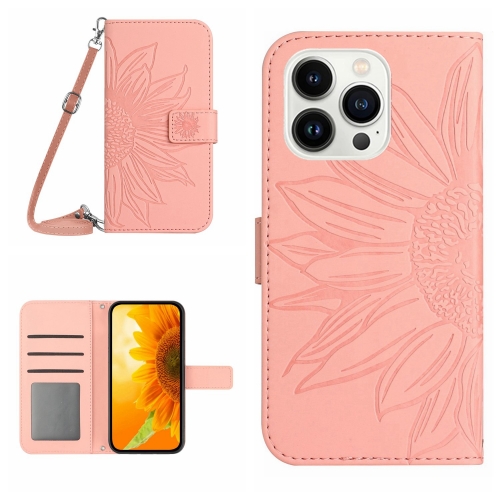 

For iPhone 15 Pro Skin Feel Sun Flower Embossed Flip Leather Phone Case with Lanyard(Pink)