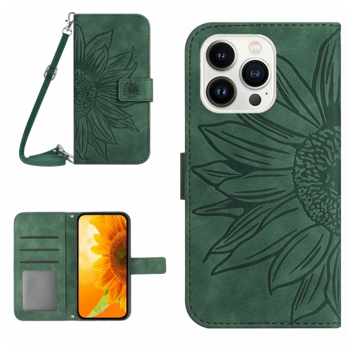 

For iPhone 15 Pro Skin Feel Sun Flower Embossed Flip Leather Phone Case with Lanyard(Green)