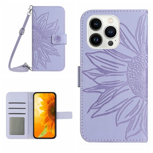 

For iPhone 15 Pro Max Skin Feel Sun Flower Embossed Flip Leather Phone Case with Lanyard(Purple)