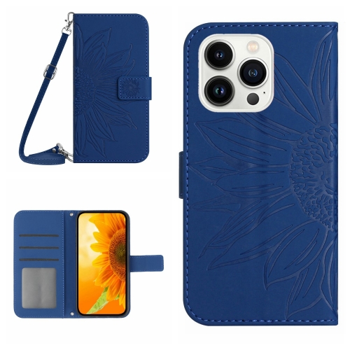 

For iPhone 15 Pro Max Skin Feel Sun Flower Embossed Flip Leather Phone Case with Lanyard(Dark Blue)