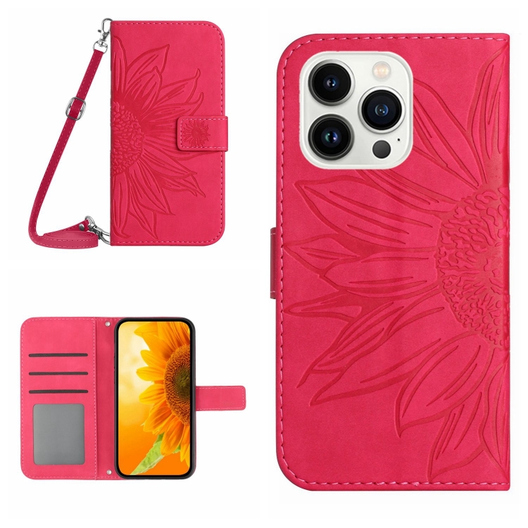 

For iPhone 15 Pro Max Skin Feel Sun Flower Embossed Flip Leather Phone Case with Lanyard(Rose Red)