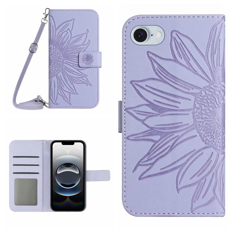 

For iPhone SE 2024 Skin Feel Sun Flower Embossed Flip Leather Phone Case with Lanyard(Purple)