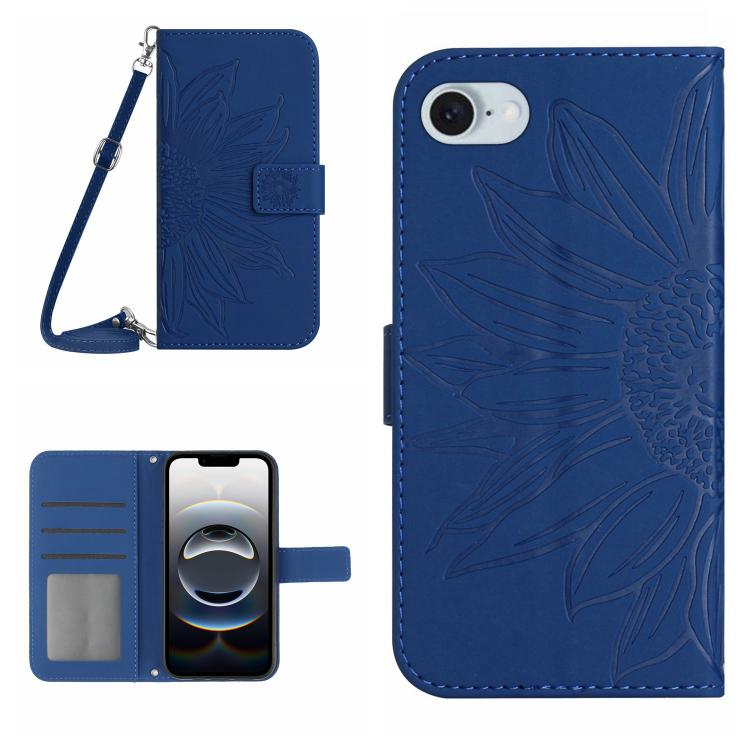 

For iPhone 16e Skin Feel Sun Flower Embossed Flip Leather Phone Case with Lanyard(Dark Blue)