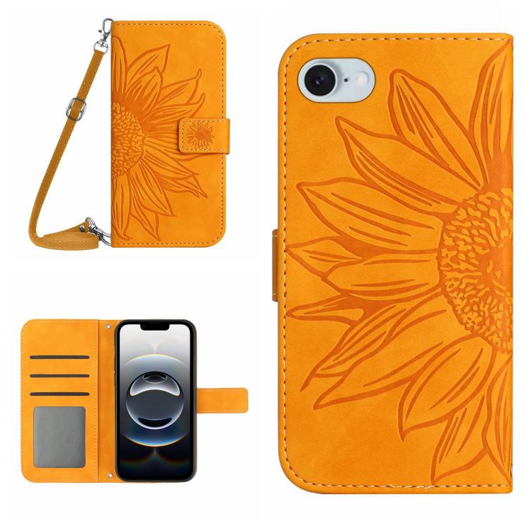 

For iPhone 16e Skin Feel Sun Flower Embossed Flip Leather Phone Case with Lanyard(Yellow)