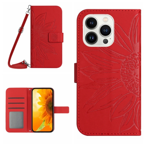 

For iPhone 16 Pro Max Skin Feel Sun Flower Embossed Flip Leather Phone Case with Lanyard(Red)