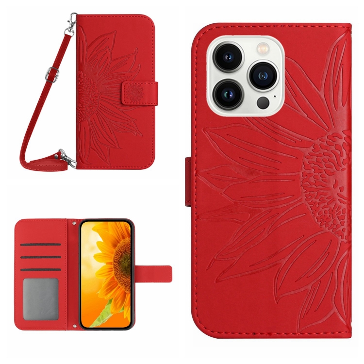 

For iPhone 16 Pro Skin Feel Sun Flower Embossed Flip Leather Phone Case with Lanyard(Red)