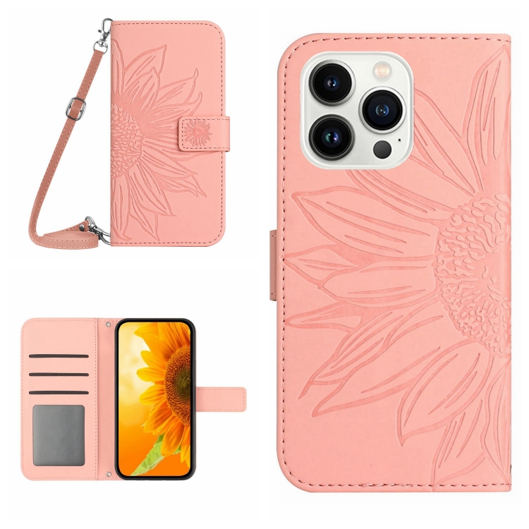 

For iPhone 16 Pro Skin Feel Sun Flower Embossed Flip Leather Phone Case with Lanyard(Pink)