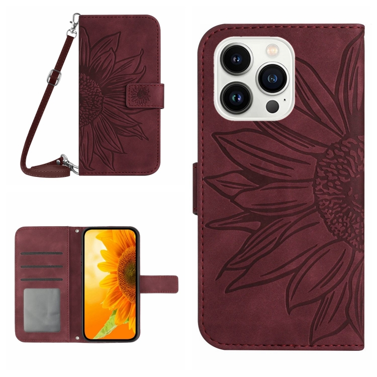 

For iPhone 16 Pro Skin Feel Sun Flower Embossed Flip Leather Phone Case with Lanyard(Wine Red)