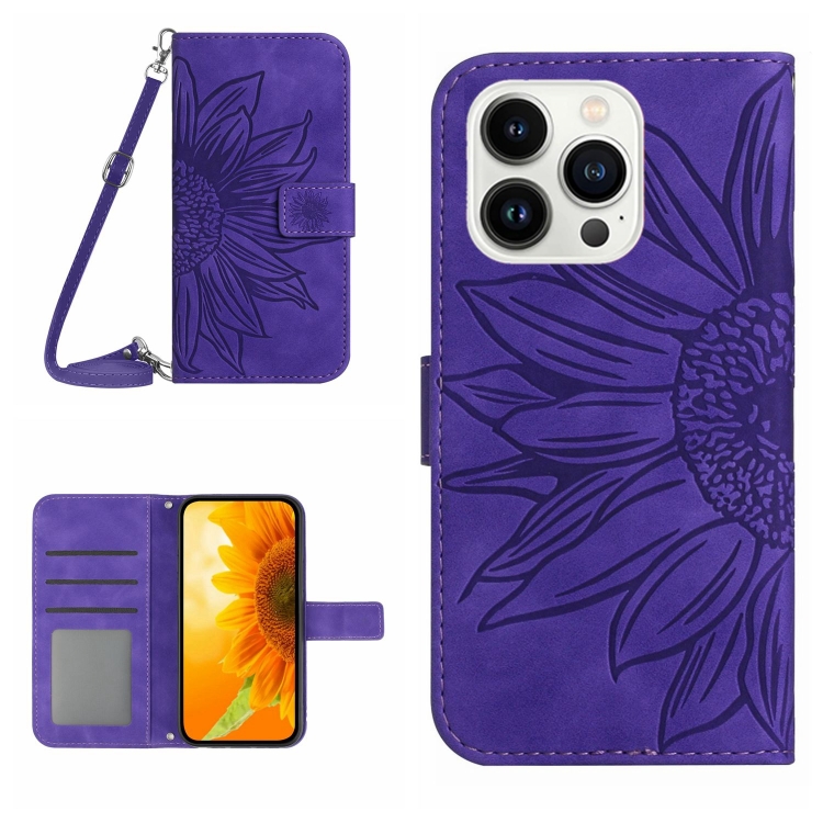 

For iPhone 16 Pro Skin Feel Sun Flower Embossed Flip Leather Phone Case with Lanyard(Dark Purple)