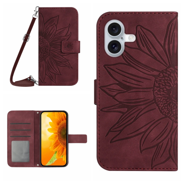 

For iPhone 16 Plus Skin Feel Sun Flower Embossed Flip Leather Phone Case with Lanyard(Wine Red)