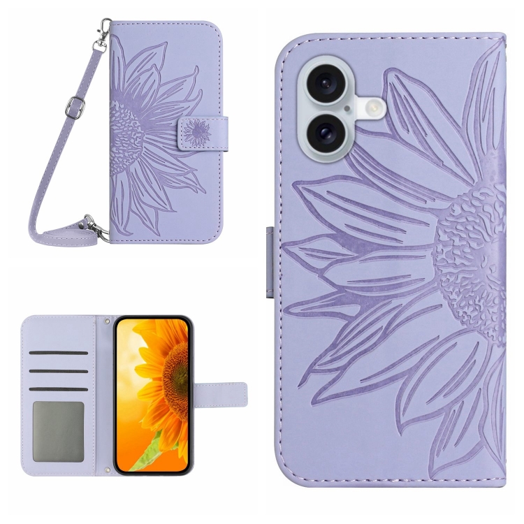 

For iPhone 16 Skin Feel Sun Flower Embossed Flip Leather Phone Case with Lanyard(Purple)