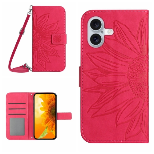 

For iPhone 16 Skin Feel Sun Flower Embossed Flip Leather Phone Case with Lanyard(Rose Red)