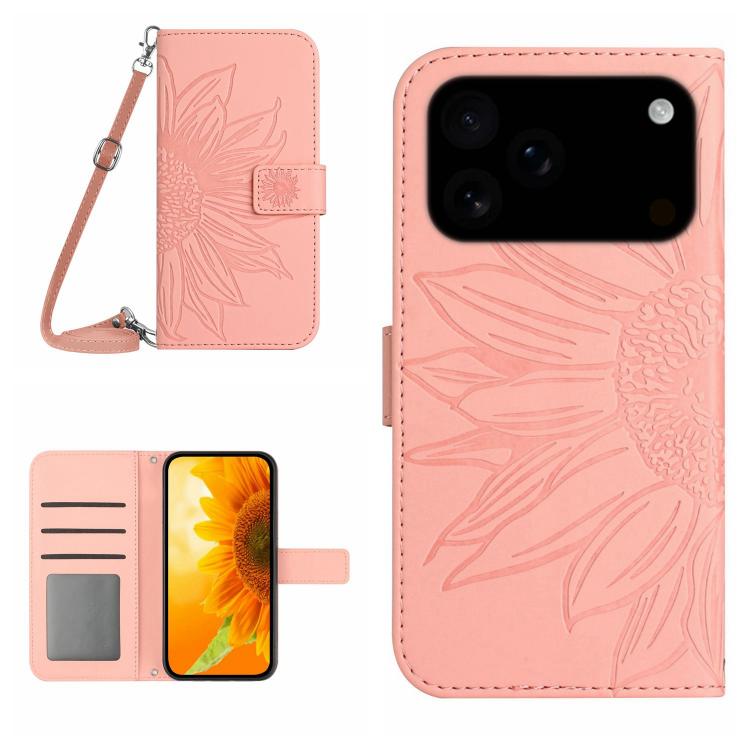 

For iPhone 17 Pro Max Skin Feel Sun Flower Embossed Flip Leather Phone Case with Lanyard(Pink)