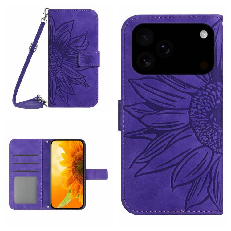 

For iPhone 17 Pro Max Skin Feel Sun Flower Embossed Flip Leather Phone Case with Lanyard(Dark Purple)