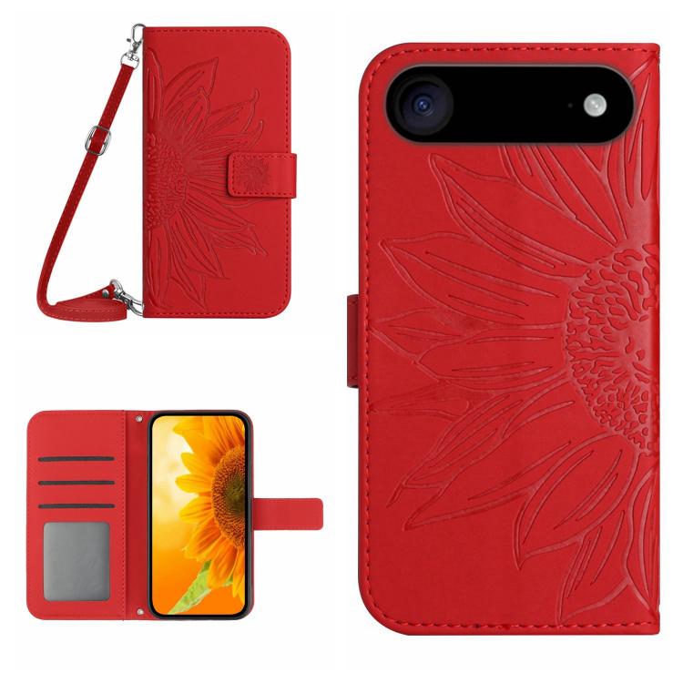 

For iPhone 17 Air Skin Feel Sun Flower Embossed Flip Leather Phone Case with Lanyard(Red)