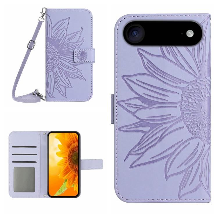 

For iPhone 17 Air Skin Feel Sun Flower Embossed Flip Leather Phone Case with Lanyard(Purple)