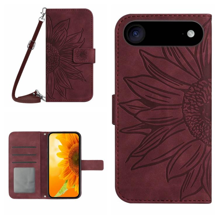 

For iPhone 17 Air Skin Feel Sun Flower Embossed Flip Leather Phone Case with Lanyard(Wine Red)