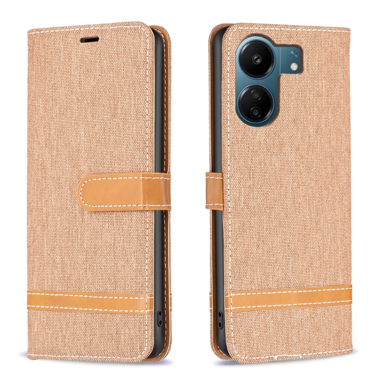 

For Xiaomi Redmi 13C Color Block Denim Texture Leather Phone Case(Brown)