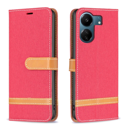 

For Xiaomi Redmi 13C Color Block Denim Texture Leather Phone Case(Red)