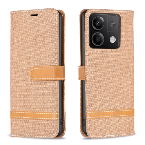 For Xiaomi Redmi Note 13 4G Global Color Block Denim Texture Leather Phone Case(Brown) for xiaomi redmi note 12s 4g note 11 colored drawing pattern leather phone case gold butterfly