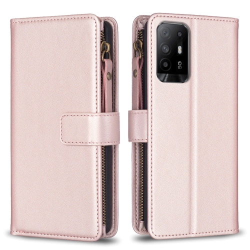 

For OPPO A94 5G / F19 Pro+ / Reno5 Z 5G 9 Card Slots Zipper Wallet Leather Flip Phone Case(Rose Gold)