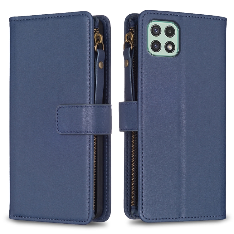 

For Samsung Galaxy A22 5G 9 Card Slots Zipper Wallet Leather Flip Phone Case(Blue)
