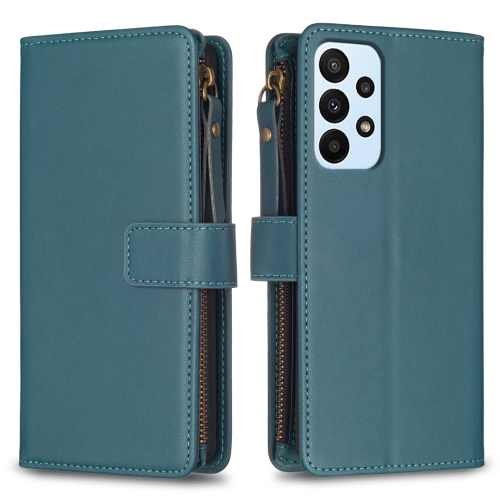 

For Samsung Galaxy A23 4G 9 Card Slots Zipper Wallet Leather Flip Phone Case(Green)