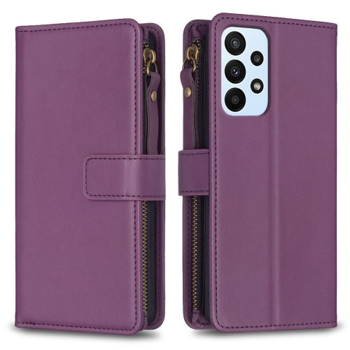 

For Samsung Galaxy A23 4G 9 Card Slots Zipper Wallet Leather Flip Phone Case(Dark Purple)