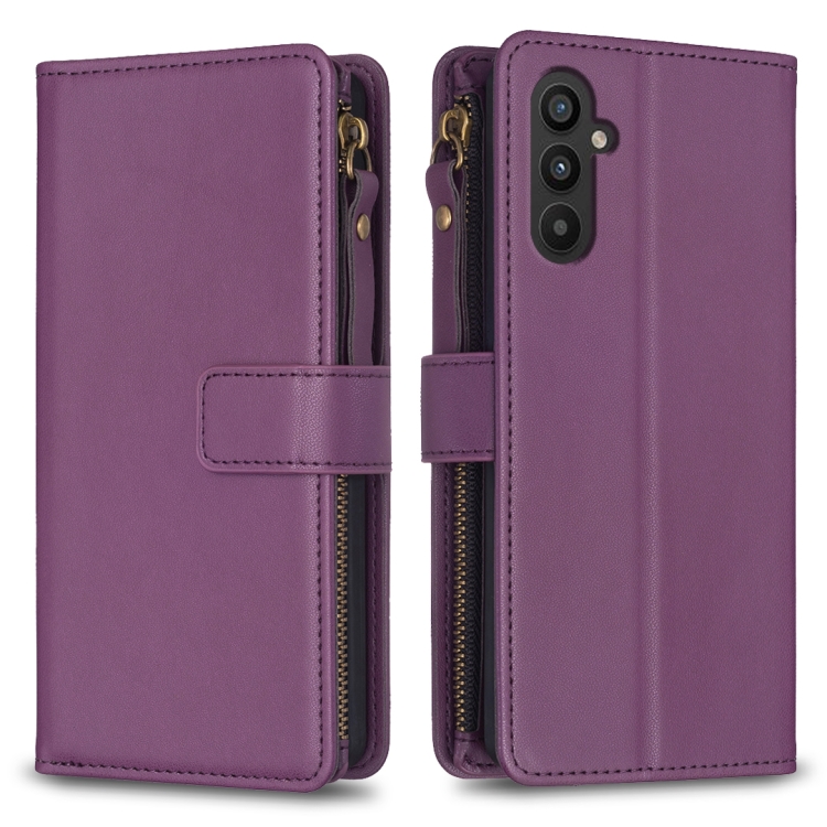 

For Samsung Galaxy A24 4G 9 Card Slots Zipper Wallet Leather Flip Phone Case(Dark Purple)