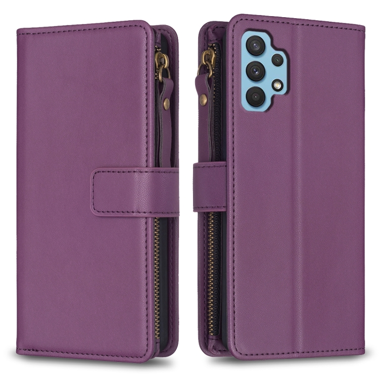 

For Samsung Galaxy A32 4G 9 Card Slots Zipper Wallet Leather Flip Phone Case(Dark Purple)