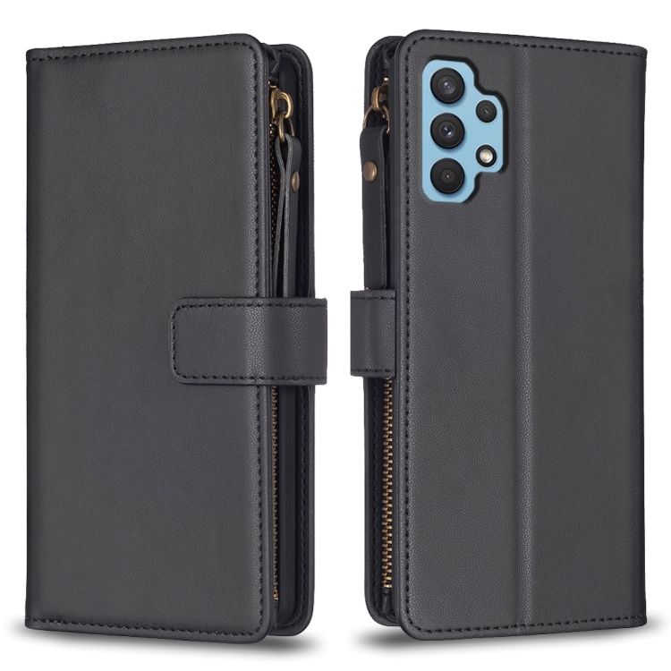 

For Samsung Galaxy A32 4G 9 Card Slots Zipper Wallet Leather Flip Phone Case(Black)