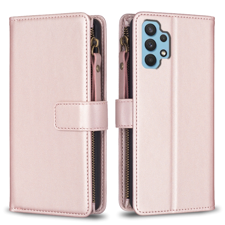 

For Samsung Galaxy A32 4G 9 Card Slots Zipper Wallet Leather Flip Phone Case(Rose Gold)