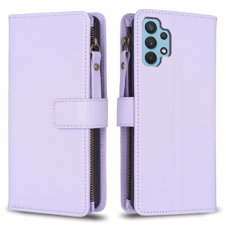 

For Samsung Galaxy A32 4G 9 Card Slots Zipper Wallet Leather Flip Phone Case(Light Purple)