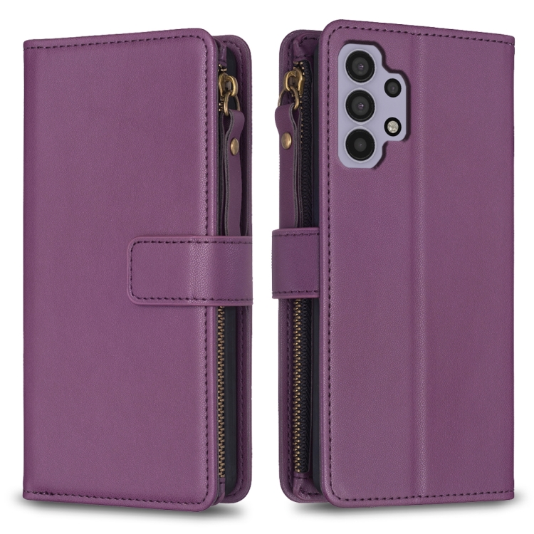 

For Samsung Galaxy A32 5G 9 Card Slots Zipper Wallet Leather Flip Phone Case(Dark Purple)