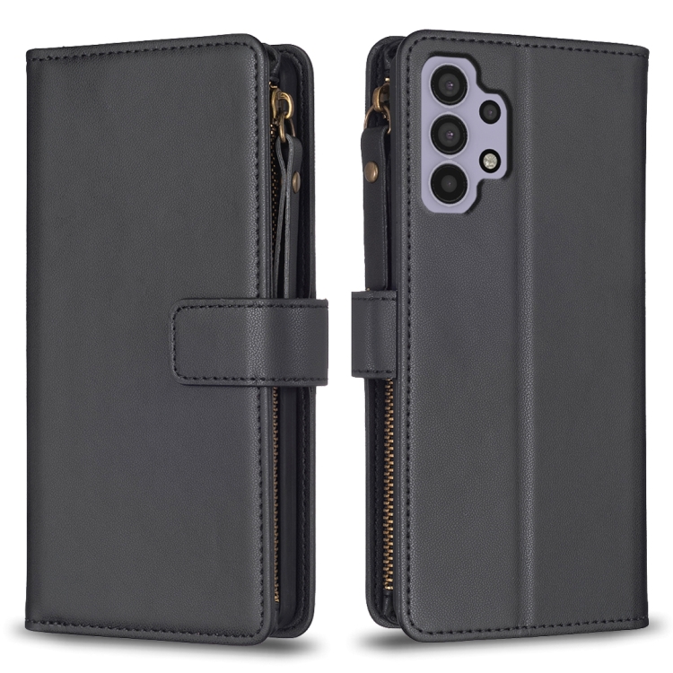 

For Samsung Galaxy A32 5G 9 Card Slots Zipper Wallet Leather Flip Phone Case(Black)
