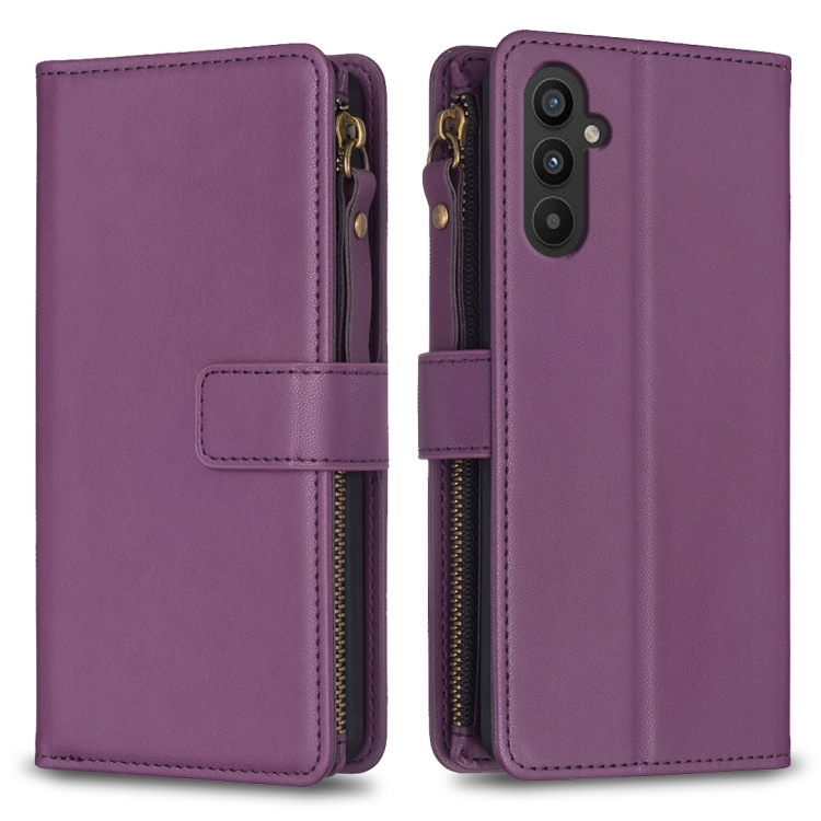 

For Samsung Galaxy A34 5G 9 Card Slots Zipper Wallet Leather Flip Phone Case(Dark Purple)