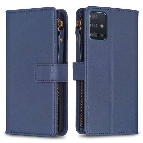 For Samsung Galaxy A51 4G 9 Card Slots Zipper Wallet Leather Flip Phone Case(Blue)