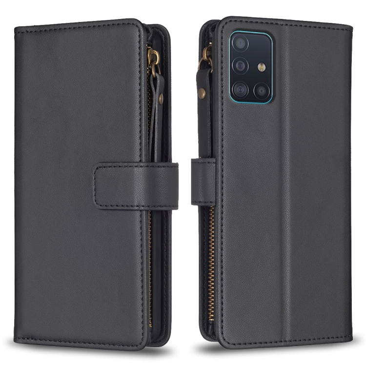 

For Samsung Galaxy A51 4G 9 Card Slots Zipper Wallet Leather Flip Phone Case(Black)