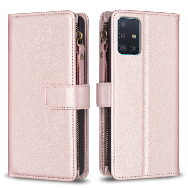 

For Samsung Galaxy A51 4G 9 Card Slots Zipper Wallet Leather Flip Phone Case(Rose Gold)