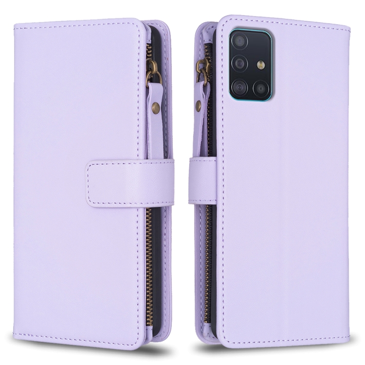 

For Samsung Galaxy A51 4G 9 Card Slots Zipper Wallet Leather Flip Phone Case(Light Purple)